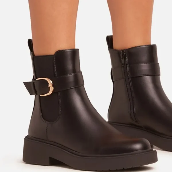 New Clyde Side Buckle Detail Chunky Sole Ankle Chelsea Boot In Black Faux Leather Winter Boots | Ankle Boots