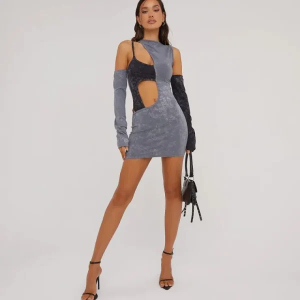 Outlet Cold Shoulder Cut Out Detail Contrast Double Layer Mini Dress In Grey Acid Wash Cut Out Dresses