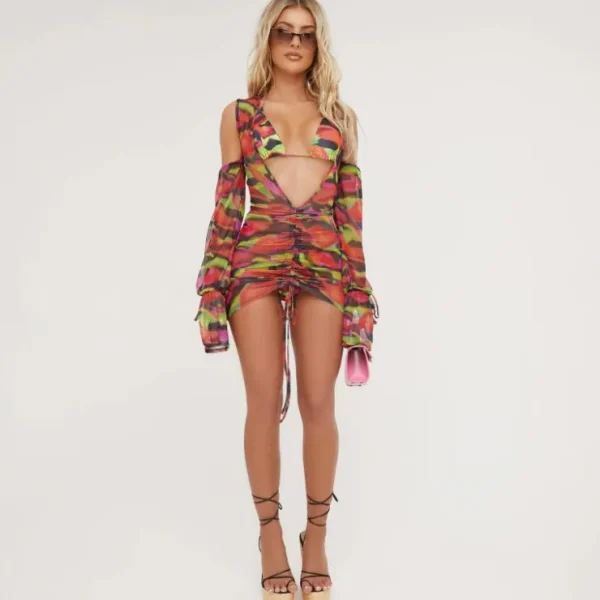 Cheap Cold Shoulder Ruched Detail Plunge Mini Bodycon Dress In Orange Marble Print Mesh Swimwear