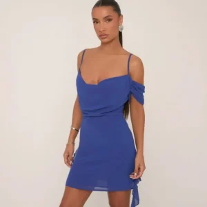 Online Cold Shoulder Straps Cowl Draped Mini Dress In Blue Party Outfits | Mini Dresses