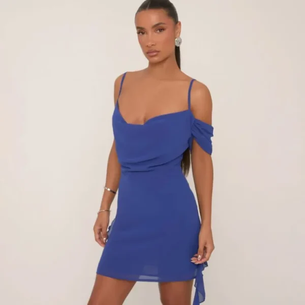 Online Cold Shoulder Straps Cowl Draped Mini Dress In Blue Party Outfits | Mini Dresses