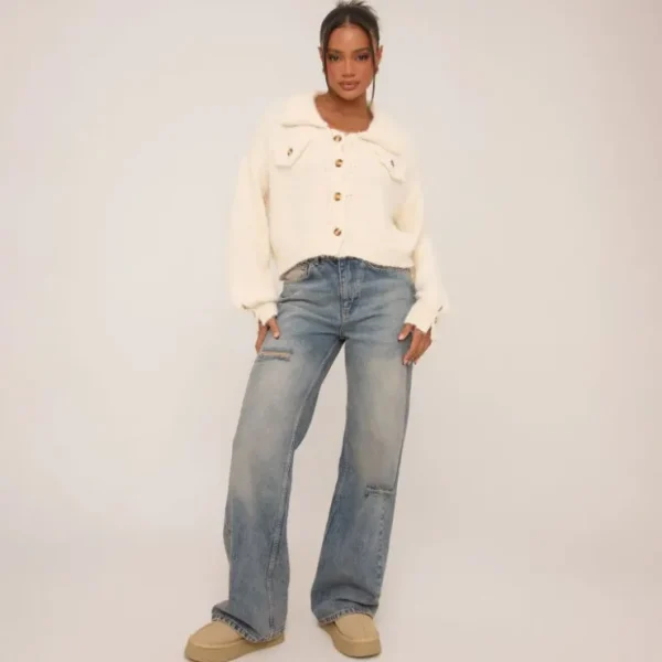 New Collared Button Up Cardigan In Cream Fluffy Knit Winter Outfits