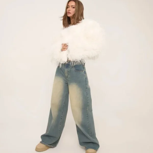 Fashion Collarless Coat In Faux Feather Fur Coat Coats & Jackets
