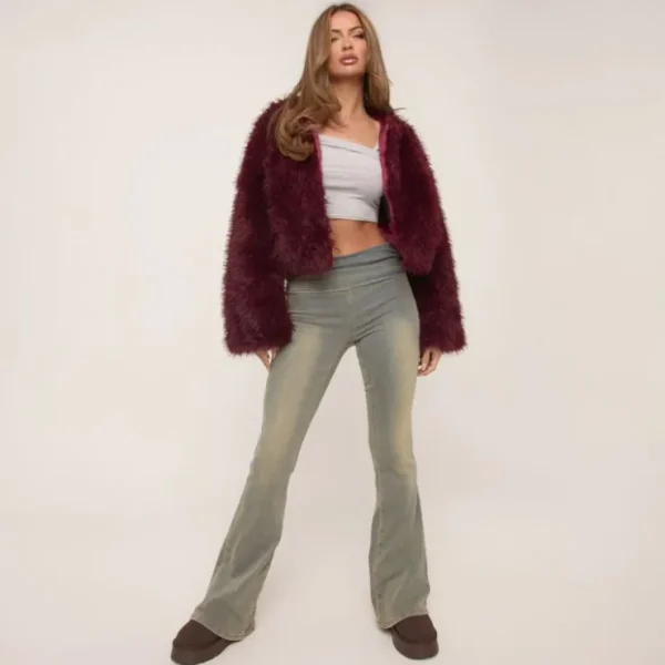 Store Collarless Cropped Jacket In Burgundy Faux Fur Coats & Jackets | Winter Outfits