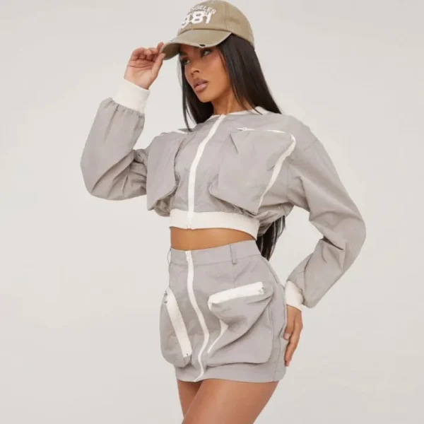 Store Contrast High Waist Pocket Detail Parachute Mini Skirt In Taupe Skirts