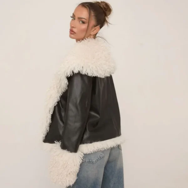Outlet Contrast Shearling Detail Coat In Black Faux Leather Coats & Jackets | Winter Outfits