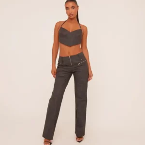 Outlet Contrast Stitch Low Rise Zip Front Straight Leg Trousers In Grey Faux Leather Trousers