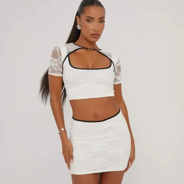 Cheap Contrast Trim Detail Mini Bodycon Skirt In White Lace Winter Matching Sets