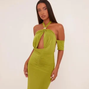 Shop Cowl Halterneck Cold Shoulder Maxi Dress In Green Slinky Halterneck Dresses