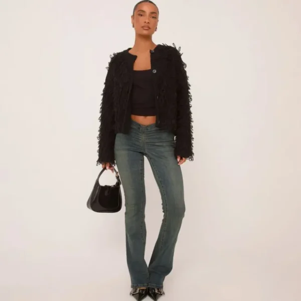 Hot Cropped Cardigan In Black Textured Knit Coats & Jackets | Knitwear
