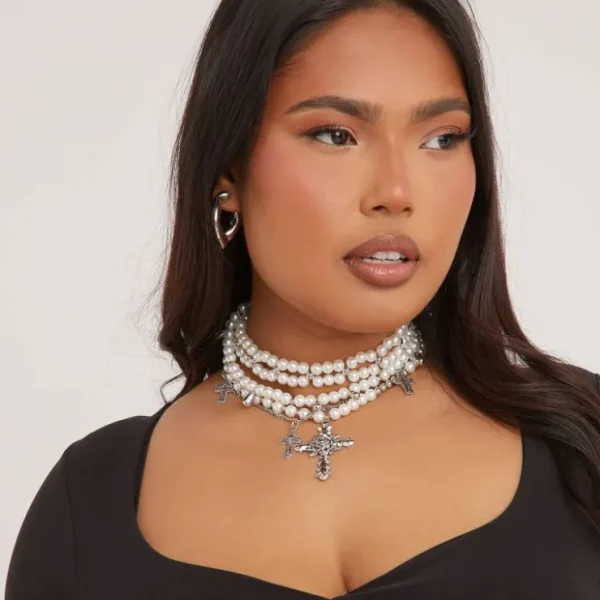 Best Sale Crucifix Pearl Detail Multi Chain Necklace In Cream Jewellery | Necklaces