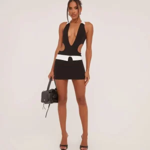 Clearance Deep Plunge Contrast Collar Cut Out Bodysuit In Black Slinky Bodysuits