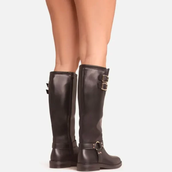 Clearance Destin Double Buckle Detail Knee High Long Biker Boot In Faux Leather Winter Boots | Biker Boots