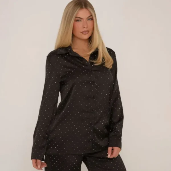 Best Sale Diamante Detail Long Sleeve Shirt And Straight Leg Pyjama Set In Black Satin Nightwear & Lingerie
