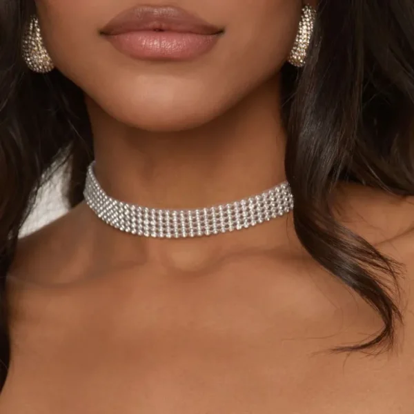 Hot Diamante Detail Thin Choker Necklace In Silver Jewellery | Necklaces