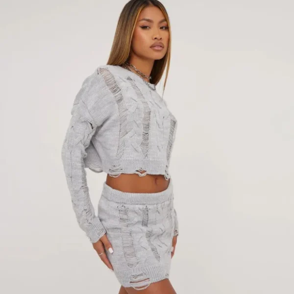 Fashion Distressed Detail Mini Skirt In Grey Cable Knit Knitted Co-Ords | Knitted Sets