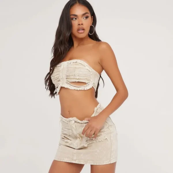 Fashion Distressed Detail Mini Skirt In Washed Stone Denim Denim
