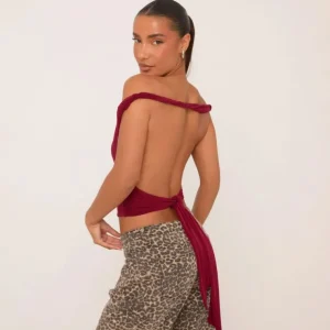 Shop Draped Off The Shoulder Twist Back Detail Crop Top In Burgundy Slinky Winter Going Out | Crop Tops