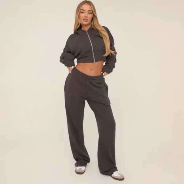 Hot Drawstring Waist Straight Leg Joggers In Charcoal Matching Sets | Basics