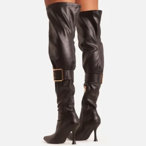 Hot Easton Buckle Detail Pointed Toe Stiletto Heel Knee High Long Boot In Faux Leather Biker Boots | High Heel Boots