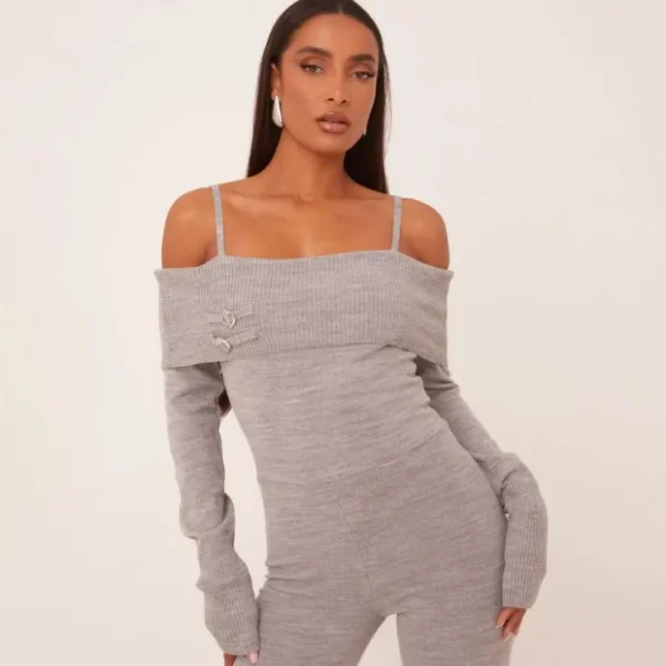 Store Fold Over Bardot Buckle Detail Jumpsuit In Grey Knit Jumpsuits & Playsuits | Knitwear