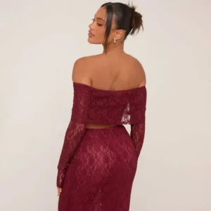 New Fold Over Bardot Long Sleeve Crop Top In Burgundy Lace Matching Sets | Skirt And Top Sets