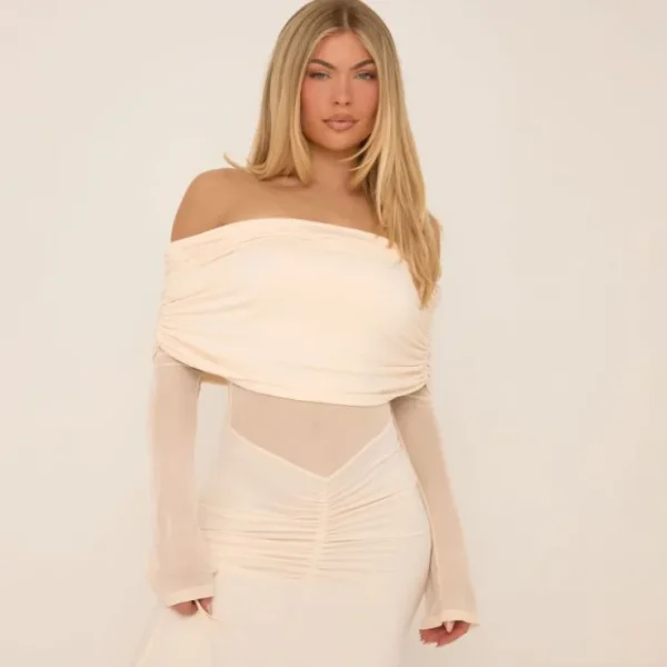 Best Fold Over Bardot Mesh Panel Maxi Dress In Cream Slinky Maxi Dresses