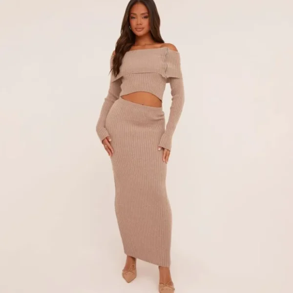 Clearance Fold Over Bardot Zip Detail Top In Mocha Brown Knit Going Out Knitwear