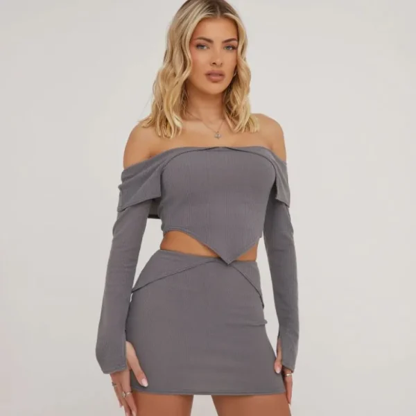 Best Sale Fold Over Detail Mini Bodycon Skirt In Grey Crinkle Rib Winter Matching Sets