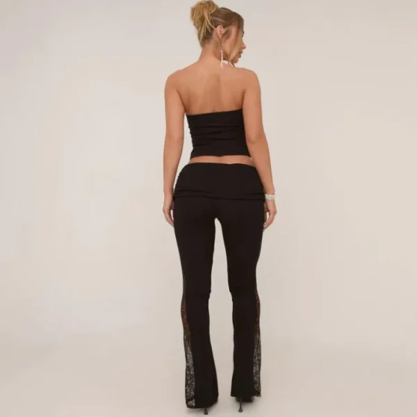 Store Fold Over Low Rise Lace Detail Flared Trousers In Black Trousers