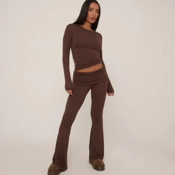 Cheap Fold Over Waistband Detail Flared Trousers In Chocolate Brown Basics | Basics