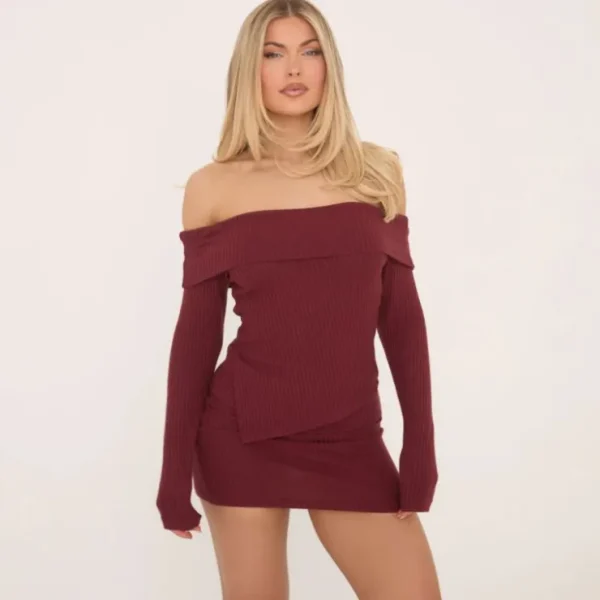 Outlet Fold Over Waistband Mini Bodycon Skirt In Burgundy Soft Ribbed Matching Sets | Skirts