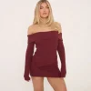 Outlet Fold Over Waistband Mini Bodycon Skirt In Burgundy Soft Ribbed Matching Sets | Skirts