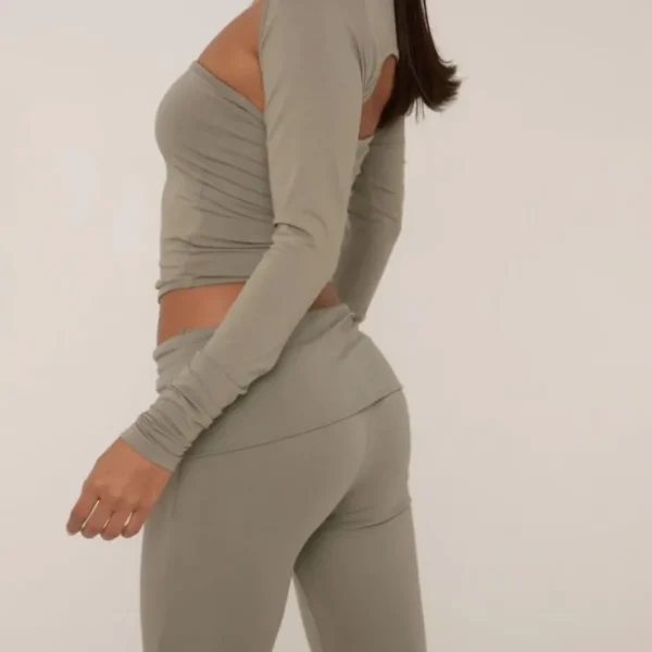 Cheap Fold Over Waistband Split Hem Leggings In Khaki Matching Sets | Loungewear
