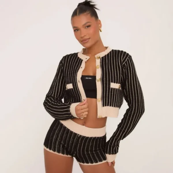 Fashion Gold Button Front Cropped Cardigan In Black Contrast Rib Knit Knitted Co-Ords | Knitted Sets