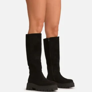 Clearance Hadlee Chunky Sole Knee High Long Biker Boot In Faux Suede Winter Boots | Biker Boots