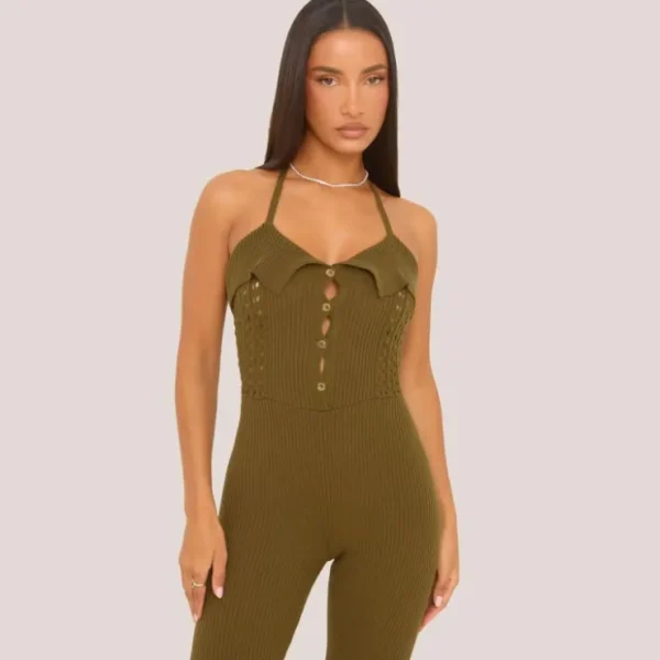 Flash Sale Halterneck Button Front Jumpsuit In Khaki Green Open Knit Jumpsuits & Playsuits