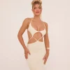 Sale Halterneck Cut Out Strap Detail Maxi Dress In Cream Ribbed Knitted Dresses