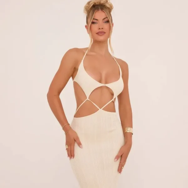 Sale Halterneck Cut Out Strap Detail Maxi Dress In Cream Ribbed Knitted Dresses