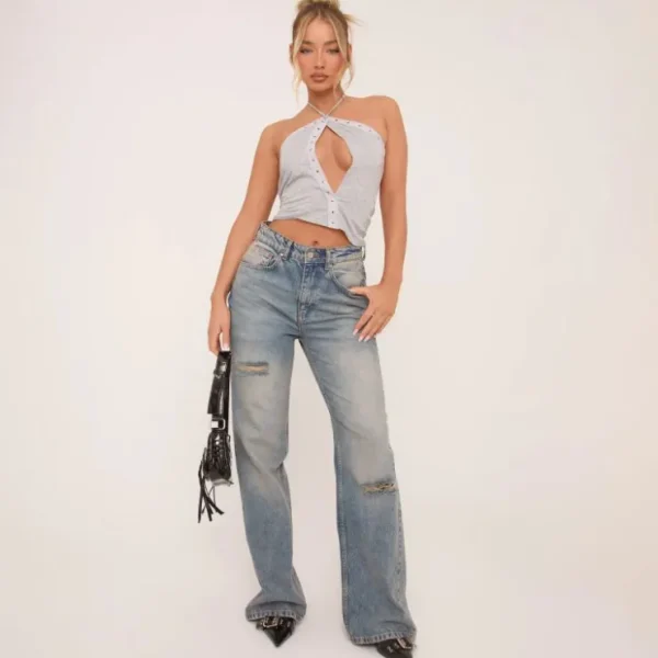 Fashion Halterneck Eyelet Detail Cut Out Top In Grey Tops
