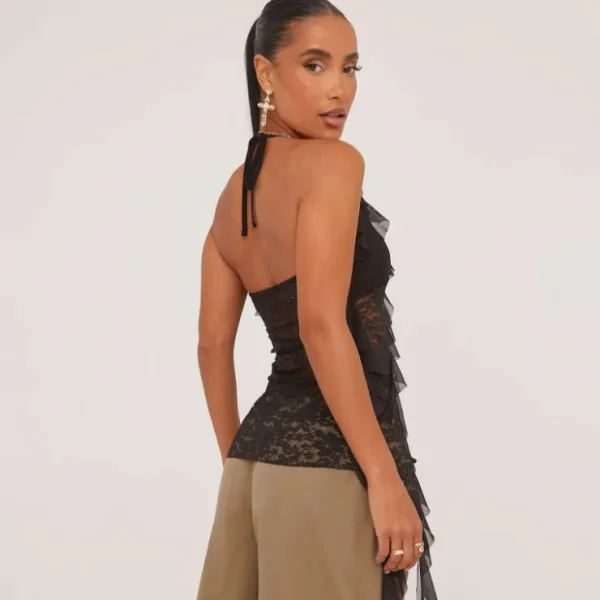 Fashion Halterneck Frill Detail Lace Up Front Top In Black Lace Halter Neck Tops