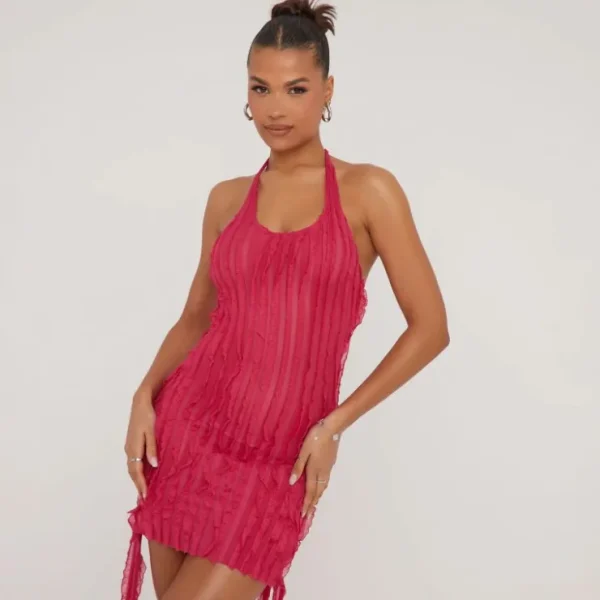 Cheap Halterneck Frill Side Detail Mini Dress In Red Texture Halterneck Dresses