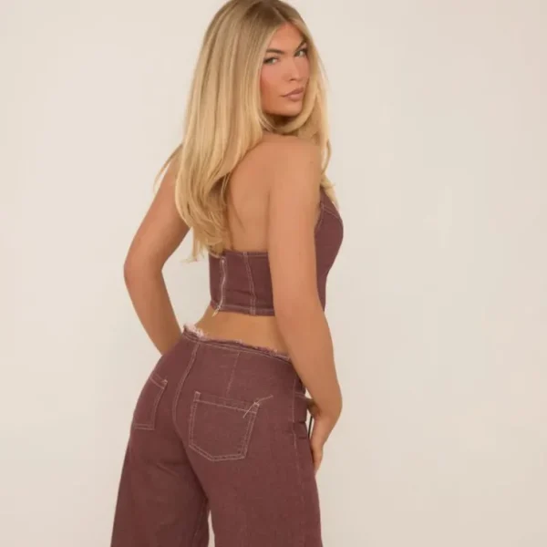 Discount Halterneck Lace Up Distressed Crop Top In Burgundy Denim Denim | Trouser Sets