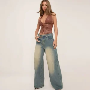 Store Halterneck Lace Up Front Top In Faux Leather Tops