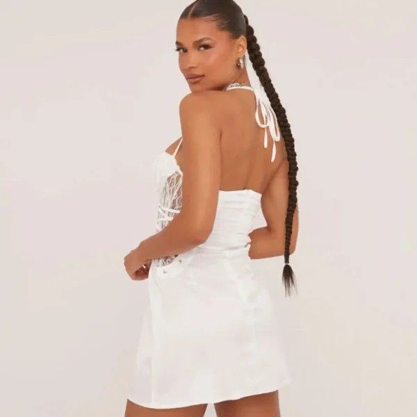 Online Halterneck Lace Up Side Corseted Mini Dress In White Satin Halterneck Dresses