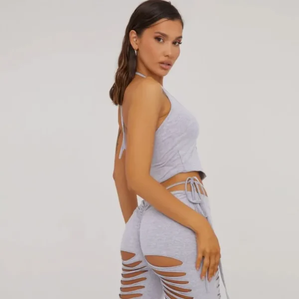 Discount Halterneck Ladder Detail Crop Top In Grey Halter Neck Tops