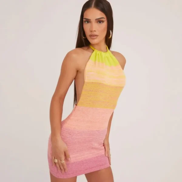 Outlet Halterneck Mini Bodycon Dress In Multi Stripe Knit Knitted Dresses