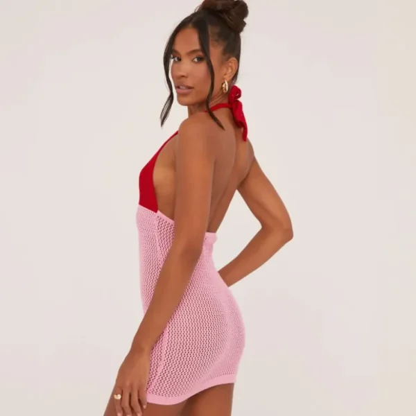 Cheap Halterneck Red Contrast Mini Bodycon Dress In Pink Crochet Knit Knitted Dresses