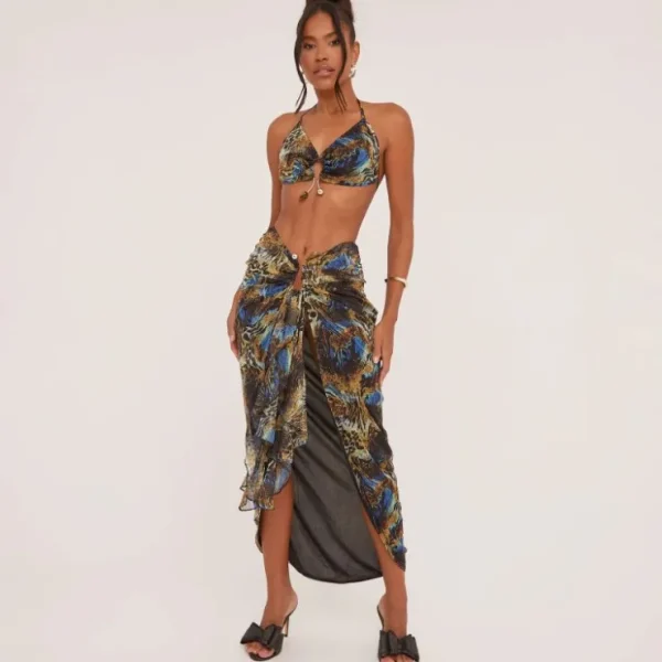 Clearance Halterneck Ring Gem Detail Cropped Top In Blue Animal Print Mesh Crop Tops