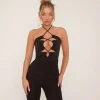 Cheap Halterneck Strappy Cut Out Jumpsuit In Black Slinky Jumpsuits & Playsuits